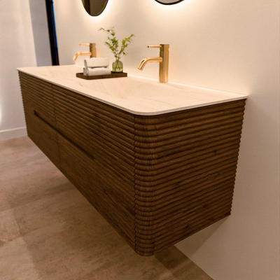 Mondiaz CIRO-DLUX Badkamermeubelset - 160x45x50cm - Solid surface wastafel Meli - 2 wasbak Dubbel - 2 kraangaten - 4 lades - Dusk