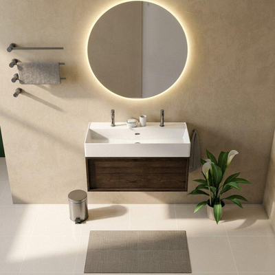 Saniclass Holz Frame Ensemble de meubles de salle de bains - 100x45x52cm - Vasque Legend en céramique blanche - 1 vasque - 2 trous de robinetterie - 1 tiroir - chêne charcoal mat (bois)
