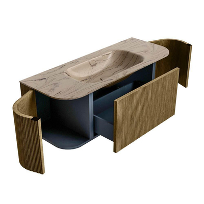 MONDIAZ KURVE-DLUX Meuble de salle de bains 120cm arrondi Gauche + Droite couleur Dusk avec 1 tiroir et 2 portes. Plan-vasque BIG SMALL Central sans trou de robinet Arena.