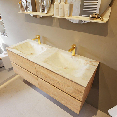 Mondiaz VICA-DLUX ensemble de meuble de salle de bain - 130cm - meuble sous-vasque chêne blanchi - 4 tiroirs - lavabo encastré cloud double - 2 trous de robinet - version haute de 60cm - frape