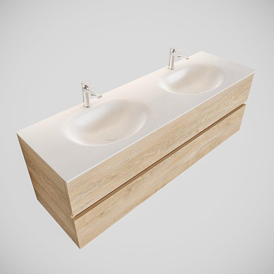 ENSEMBLE DE MEUBLE MONDIAZ VICA - 150 cm - 2 tiroirs - lavabo Moon double - 2 trous de robinet - solid surface chêne blanchi
