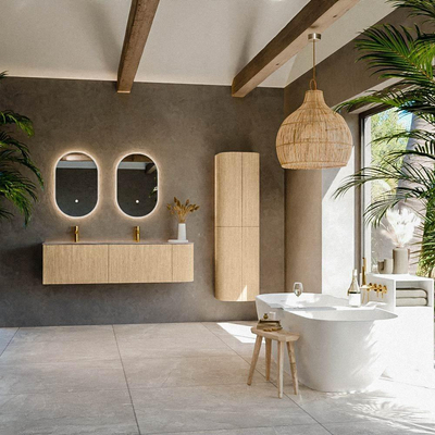 MONDIAZ KURVE-DLUX 155cm meuble de salle de bains arrondi Droite couleur Chêne avec 2 tiroirs et 1 porte. Lavabo LEAF Double / Gauche 2 trous de robinet Oza.