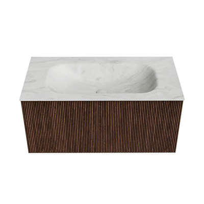 MONDIAZ KURVE-DLUX Meuble de salle de bains 90 cm couleur Walnut avec 1 tiroir. Lavabo BIG SMALL central sans trou de robinet couleur Opalo.