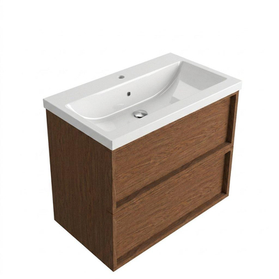 Saniclass Holz Frame Ensemble meuble de salle de bains - 80x45x63.5cm - Lavabo Bari en céramique blanc - 1 vasque - 1 trou de robinet - 2 tiroirs - noyer pure mat (bois)