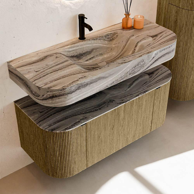 MONDIAZ THOR-DLUX Meuble de salle de bains - 110cm - arrondi gauche + droite - couleur Dusk - 1 tiroir - 2 portes - Vasque suspendue CLOUD Centre 1 trou de robinet couleur Sombra