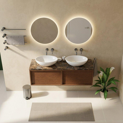 Saniclass Holz Frame Ensemble de meubles de salle de bains - 140x45x43cm - Plan de travail en pierre naturelle Noche dark emperador - sans trou de robinet - 2 tiroirs - walnut pure mat (bois)