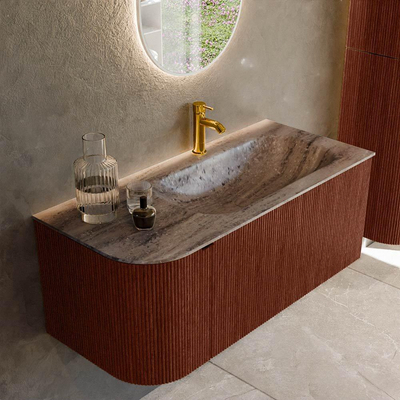 MONDIAZ KURVE-DLUX 105cm badmeubel ronding Links kleur Ruby met 1 lade en 1 deur. Wastafel BIG SMALL Rechts 1 kraangat Oza.