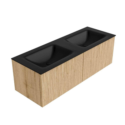 MONDIAZ KURVE 130cm Meuble salle de bain - couleur Oak - 2 tiroirs - vasque CLOUD double - sans trous de robinet - Urban