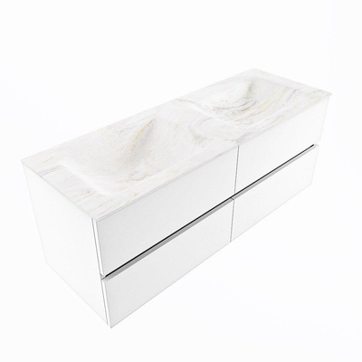 Mondiaz VICA-DLUX ensemble de meuble de salle de bain - 130cm - meuble sous-vasque talc - 4 tiroirs - lavabo encastré cloud double - 2 trous de robinet - version haute de 60cm - ostra