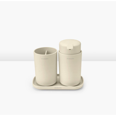 Brabantia ReNew Accessoires de salle de bains - set de 3 - Distributeur de savon - Porte-brosse à dents - Coupelle - beige doux