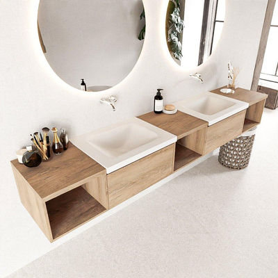 MONDIAZ BUKLA Meuble de salle de bains 240cm avec module ouvert 40 L+M+R couleur Chêne blanchi avec 2 tiroirs. Lavabo CLOUD double 0 trous de robinet couleur Talc.