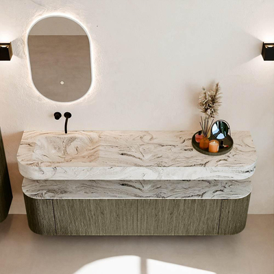 MONDIAZ THOR-DLUX 180cm meuble de salle de bains arrondi gauche + droite couleur Shadow avec 2 tiroirs et 2 portes. Vasque suspendue CLOUD Gauche sans trou de robinet couleur Glace.