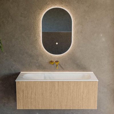 MONDIAZ KURVE Meuble de salle de bains 110 cm couleur Oak avec 1 tiroir. Lavabo BIG MEDIUM central sans trou de robinet Talc.