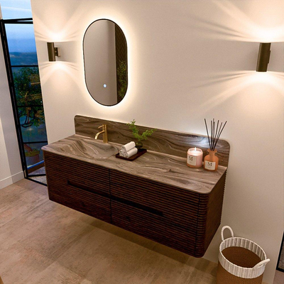 Mondiaz CIRO-DLUX Meuble de salle de bains - 150x45x50cm - Plan-vasque solid surface Sombra - 1 lavabo à gauche - 1 trou de robinet - 4 tiroirs - Noyer