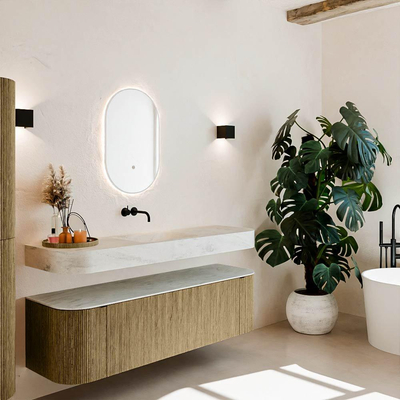 MONDIAZ THOR-DLUX 160cm meuble de salle de bains arrondi gauche + droite couleur Dusk avec 1 tiroir et 2 portes. Vasque suspendue CLOUD Milieu sans trou de robinet couleur Opalo.