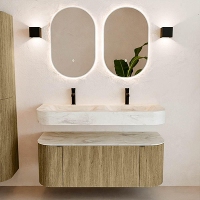 MONDIAZ THOR-DLUX 120cm meuble de salle de bains arrondi gauche + droite couleur Dusk avec 1 tiroir et 2 portes. Vasque suspendue CLOUD Double 2 trous de robinet couleur Ostra.