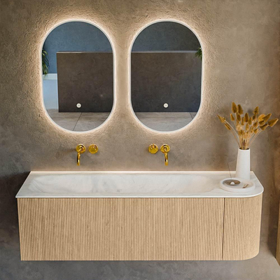 MONDIAZ KURVE-DLUX 145cm Meuble salle de bain avec module 25 D - couleur Oak - 1 tiroir - 1 porte - vasque BIG LARGE gauche - sans trou de robinet - couleur Opalo