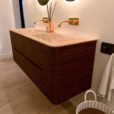 Mondiaz CIRO-DLUX Badkamermeubelset - 130x45x50cm - Solid surface wastafel Saba - 2 wasbak Dubbel - zonder kraangaten - 4 lades - Ruby