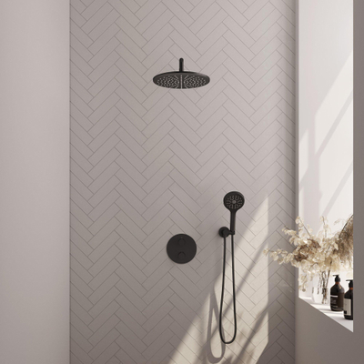 BRAUER Black Edition inbouw regendoucheset – Ø30 cm hoofddouche – 30 cm gebogen wandarm – ronde handdouche – 3-weg