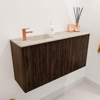 Mondiaz JOYA-DLUX 80cm toiletmeubel - kleur Walnut - Wastafel FAYE positie Links 1 kraangat kleur Frappe.