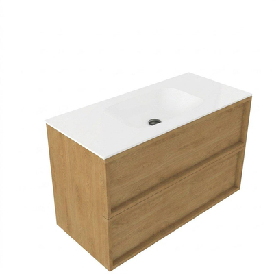 Saniclass Holz Frame Ensemble de meubles de salle de bains - 100x45x61.5cm - Flow lavabo en solid surface blanc - 1 vasque - sans trou de robinetterie - 2 tiroirs - chêne naturel mat (bois)
