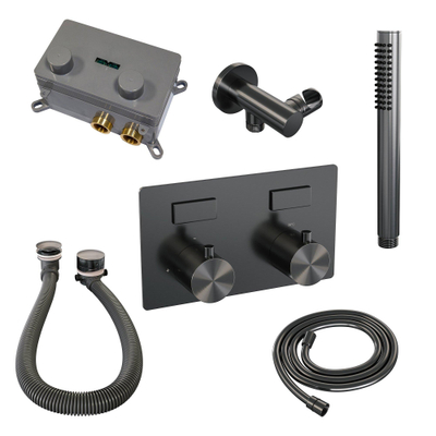 BRAUER gunmetal Edition mitigeur de bain encastré thermostatique - boutons-poussoirs SET 03 - combinaison de remplissage de baignoire - douchette barre - flexible de douche - coude d'alimentation mural - gunmetal brossé PVD