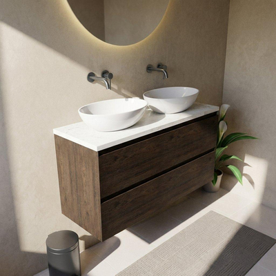 Saniclass Holz Pure Ensemble de meubles de salle de bains - 120x45x63cm - Plan vasque en marbre Dia poli (blanc) - sans trou de robinetterie - 4 tiroirs - chêne charcoal mat (bois)