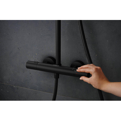 Hansgrohe Pulsify S Puro Ensemble de douche de tête thermostatique pluie - 26cm - douche de tête ronde - douchette à main sur barre - noir mat