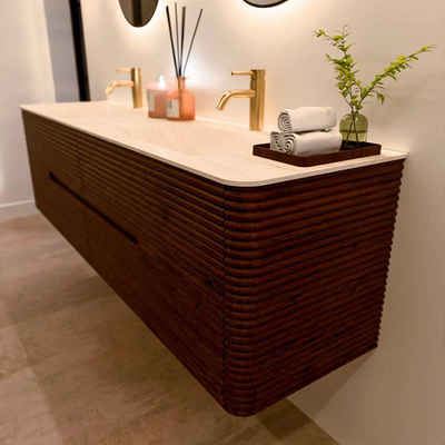 Mondiaz CIRO-DLUX Badkamermeubelset - 180x45x50cm - Solid surface wastafel Meli - 2 wasbak Dubbel - 2 kraangaten - 4 lades - Ruby