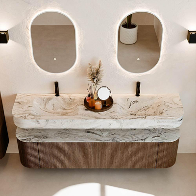 MONDIAZ THOR-DLUX 180cm badmeubel ronding links + rechts kleur Walnut met 2 lades en 2 deuren. Vrijhangende wastafel CLOUD Dubbel 2 kraangaten kleur Glace.