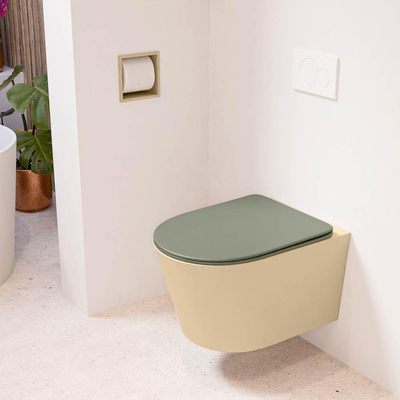Mondiaz LAVIE hangtoilet – spoelrandloos – 36 x 53 cm – met softclose zitting – Sand (beige), zitting Army (groen)
