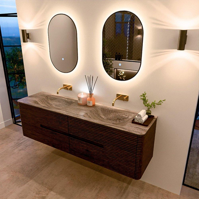 Mondiaz CIRO-DLUX Badkamermeubelset - 170x45x50cm - Solid surface wastafel Oza - 2 wasbak Dubbel - zonder kraangaten - 4 lades - Walnut