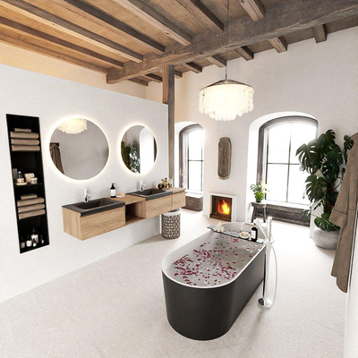 MONDIAZ BUKLA 200cm ensemble de meuble avec module ouvert 40 gauche couleur Chêne blanchi avec 3 tiroirs. Lavabo CLOUD double 2 trous de robinet couleur Urbaine.