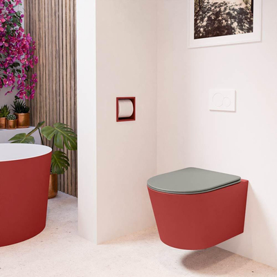Mondiaz LAVIE hangtoilet – spoelrandloos – 36 x 53 cm – met softclose zitting – Fire (rood), zitting Smoke (lichtbruin)
