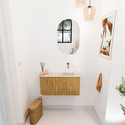 Mondiaz JOYA-DLUX 81.6cm toiletmeubel - ronding links kleur Oak - Wastafel FAYE positie Rechts Zonder kraangat kleur Frappe.