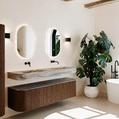 MONDIAZ THOR-DLUX 170cm meuble de salle de bains arrondi gauche + droite couleur Walnut avec 1 tiroir et 2 portes. Vasque suspendue CLOUD Double sans trou de robinet couleur Sombra.