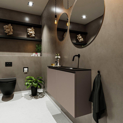 MONDIAZ TURE Kit lave-mains - 100x23x50cm - 0 trou de robinet - 2 portes - fumée mate - Lavabo à droite - Solid Surface Noir