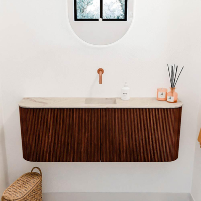 Mondiaz JOYA-DLUX 113.2cm toiletmeubel - ronding links en rechts kleur Ruby - Wastafel FAYE positie Midden Zonder kraangat kleur Frappe.