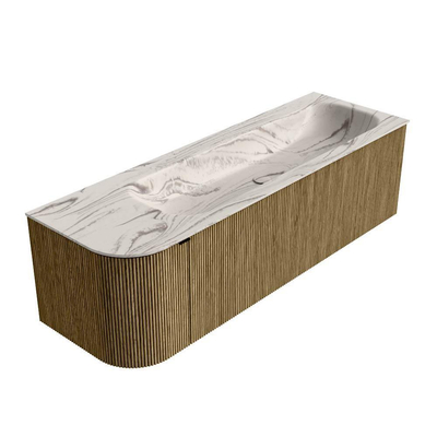 MONDIAZ KURVE-DLUX Meuble de salle de bains 145cm arrondi Gauche couleur Dusk avec 1 tiroir et 1 porte. Lavabo BIG LARGE Droite 2 trous de robinet Nata.