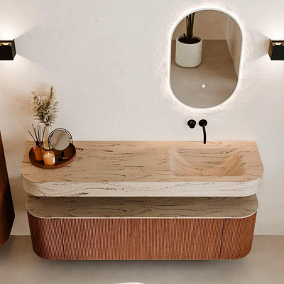 MONDIAZ THOR-DLUX 160cm meuble de salle de bains arrondi gauche + droite couleur Ruby avec 1 tiroir et 2 portes. Vasque suspendue CLOUD droite sans trou de robinet couleur Arena.