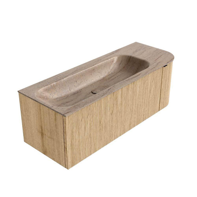 MONDIAZ KURVE-DLUX meuble de salle de bains 125cm arrondi à droite couleur chêne avec 1 tiroir et 1 porte. Vasque BIG MEDIUM à gauche sans trou de robinetterie Saba.