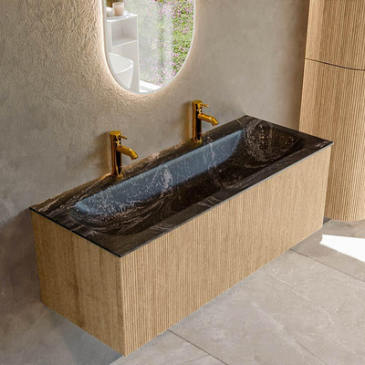 MONDIAZ KURVE-DLUX 120cm badmeubel kleur Oak met 1 lade. Wastafel BIG LARGE midden 2 kraangaten kleur Lava.