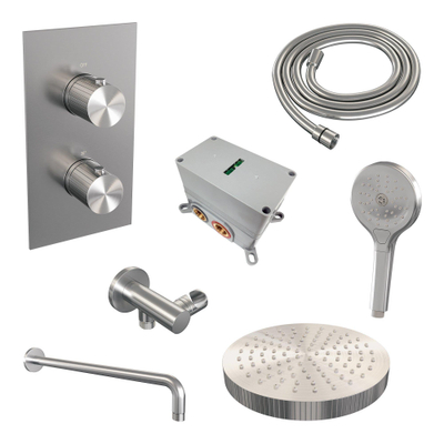BRAUER Stripe Thermostatische Inbouw Regendouche - 3-weg - rechthoekig - SET 17 - 25cm douchekop - gebogen muurarm - 3-standen handdouche - doucheslang - wandaansluitbocht - RVS-kleurig geborsteld PVD
