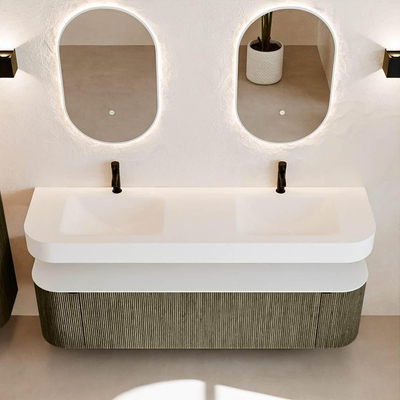 MONDIAZ THOR Meuble de salle de bains 170cm arrondi gauche + droite couleur Shadow avec 1 tiroir et 2 portes. Vasque suspendue CLOUD Double 2 trous de robinet couleur Talc.