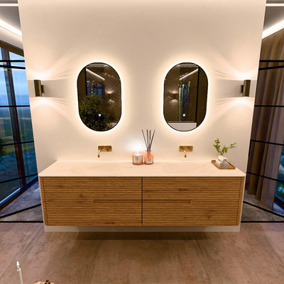 Mondiaz CIRO-DLUX Badkamermeubelset - 190x45x50cm - Solid surface wastafel Meli - 2 wasbak Dubbel - zonder kraangaten - 4 lades - Oak