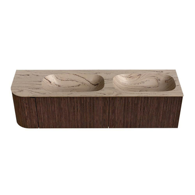 MONDIAZ KURVE-DLUX 165cm badmeubel ronding Links kleur Walnut met 2 lades en 1 deur. Wastafel STOR SMALL Dubbel / Rechts zonder kraangat Arena.