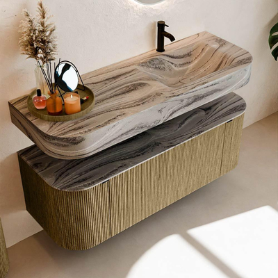 MONDIAZ THOR-DLUX 130cm meuble de salle de bains arrondi gauche + droite couleur Dusk avec 1 tiroir et 2 portes. Vasque suspendue CLOUD Droite 1 trou de robinet couleur Sombra.