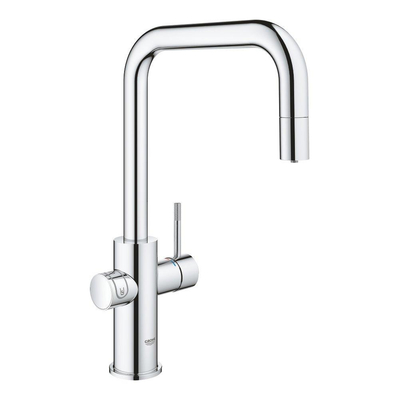 GROHE Blue Home Robinet de cuisine - bec en U extractible - 1 trou - fonction de filtration - eau plate légère et gazeuse - chrome