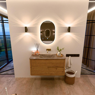 Mondiaz CIRO-DLUX Meuble de salle de bains - 100x45x50cm - Plan-vasque Solid surface Oza - 1 vasque au milieu - sans trous de robinet - 2 tiroirs - Chêne