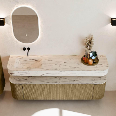 MONDIAZ THOR-DLUX 180cm meuble de salle de bains arrondi gauche + droite couleur Dusk avec 2 tiroirs et 2 portes. Vasque suspendue CLOUD Gauche sans trou de robinet couleur Nata.